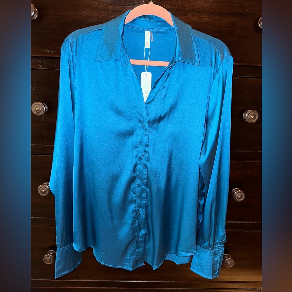 Glam, large, blue silky collared button down long sleeve top